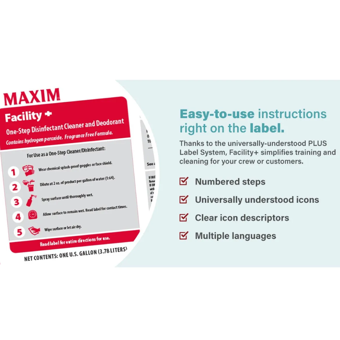 Maxim® Facility+™ One-Step Disinfectant Cleaner & Deodorant (32 oz, 64 oz & 1 Gallon Options)