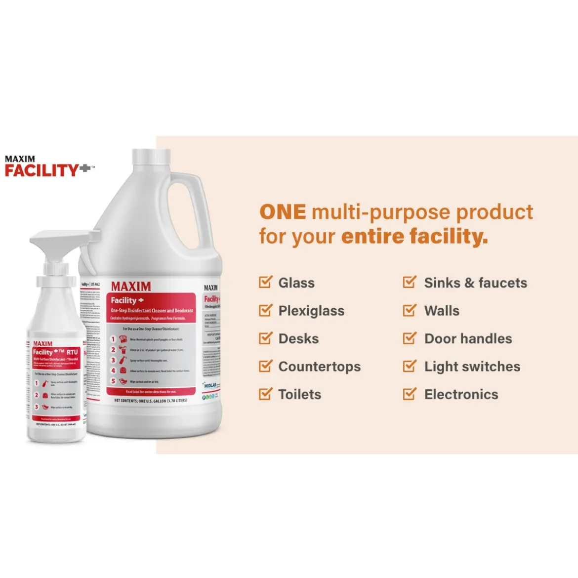 Maxim® Facility+™ One-Step Disinfectant Cleaner & Deodorant (32 oz, 64 oz & 1 Gallon Options)